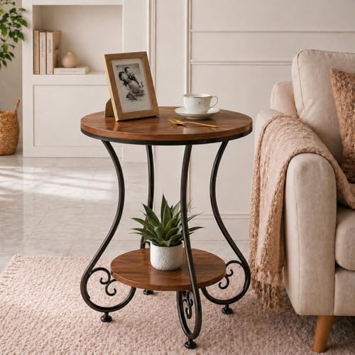 Image of CARTADEN 2 Tier End Table in Living Room, Industrial Style Round Bedside Table with Storage, Small Outdoor Coffee Table for Bedroom Balcony Patio Black Brown