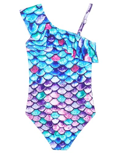 Image of Snowheart Girls Swimsuit Adjustable Shoulder Strap UPF50+ One-Shoulder Ruffle Bathing Suit 3-12T