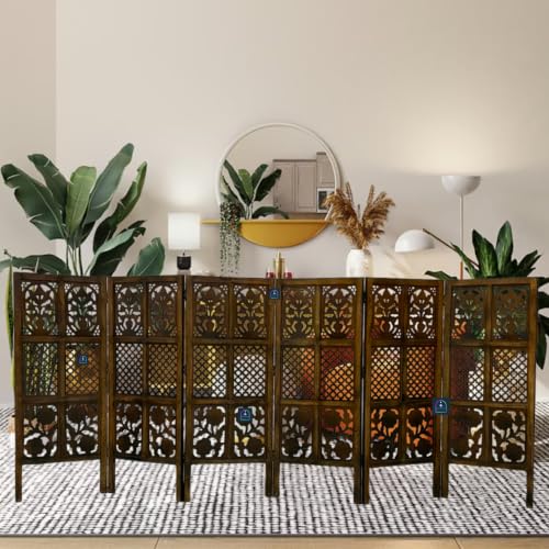 Image of Wooden Room Partition Screen with Burnt Wood Finish | Hand Buffed Traditional Handicraft Room Divider | Indoor Room Separator | Puja Room Divider (6 Panel 4 Feet)