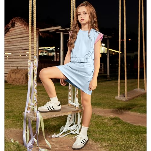CHILDRENSTAR Girls 2 Pieces Tracksuit Summer Spring Blue Colorblock Crewneck Tops and Skirt Set,Size 8-10 Years2