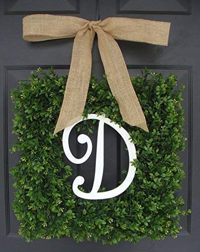 Amazon Com Custom Square Full Thin Artificial Boxwood Wreath With Monogram Bow Welcome Guests Decorative Front Door Outdoor Storm Doors Indoor Wall Decor All Seasons Holidays Sizes 16 28 Inch Handmade