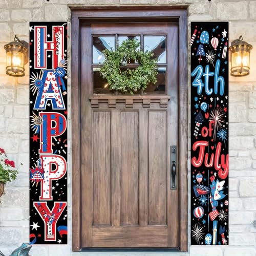 Image of BlissYard 4th of July Decorations 2Pcs Patriotic Decor Door Banner American Flag USA Banners Hanging Porch Signs for Memorial Veterans Labor Independence Day for Front Decor Yard Indoor Outdoor Supplies