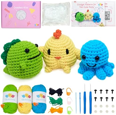 Cheritta Crochet Animal Kit for Beginners – 3 Patterns: Chick, Octopus, Dino | Knitting Kit for Adults and Kids with Step-by-Step Video Tutorials, Yarns, Hooks, and Accessories