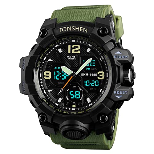 TONSHEN Reloj Hombre Impermeable 50M Resistente al Agua Outdoor Militar Deportivo Digital Relojes de Pulsera LED Electrónica Analógico Cuarzo Doble Tiempo (Verde)