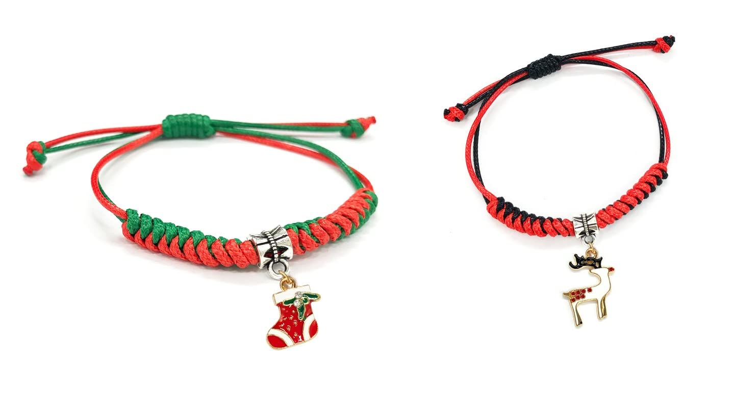 El Regalo 2Pcs Christmas Bracelets Set- Cute Handwoven Christmas Charms Bracelets for Friends & Family - Santa/Reindeer/Bell/Socks- Christmas Gifts