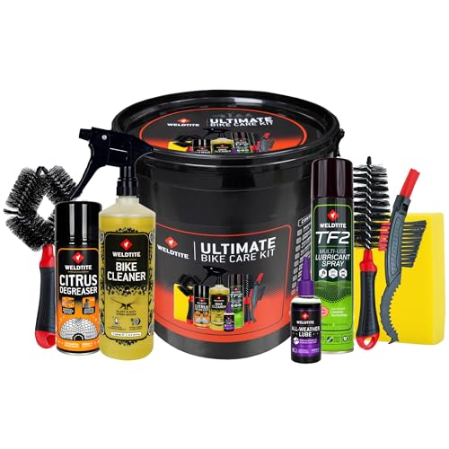 WELDTITE Ultimate Bike Care Kit Bucket - All-in-One Bicycle Maintenance Set With TF2 Spray All Weather Lube Cleaner Degreaser Brushes & Sponge