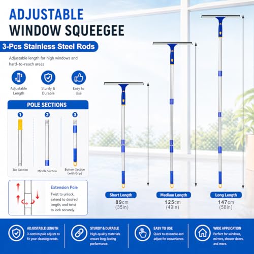 Image of Window Squeegee with Extension Pole, Separate 12 inch Squeegee & 11 inch Microfiber Scrubber Heads, Window Cleaning Kit for Hard-to-Reach Windows, Shower Doors, Car Windshields, Indoor Outdoor-2 Pads