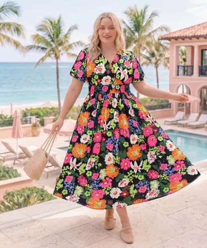Image of CARCOS Plus Size Dresses for Curvy Women V Neck Summer Maxi Dress Short Sleeve Floral Boho Dress Smocked Waist Beach Dress