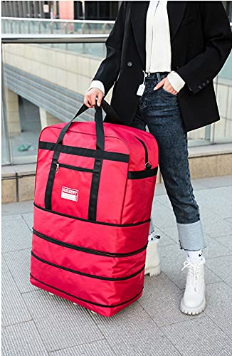 Expandable Extra Large Travel Oxford Duffel Bag with Wheels Waterproof Lightweight Traveling Foldable Suitcase (Red)4