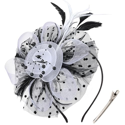 Image of DRESHOW Fascinators Hat Flower Mesh Ribbons Feathers on a Headband and a Clip Tea Party Headwear for Girls and Women