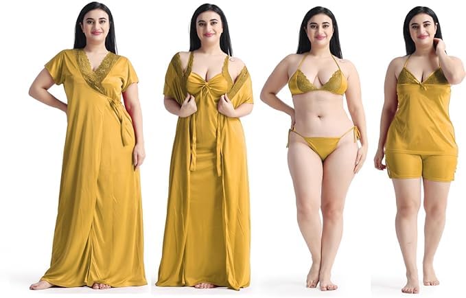Image of Satin 6 Piece Nightwear Set, Coral Pink Lace Trim Sleepwear with Robe, Nighty, Top, Shorts, Lingerie Set for Women, Summer Collection-Mehndi Green.