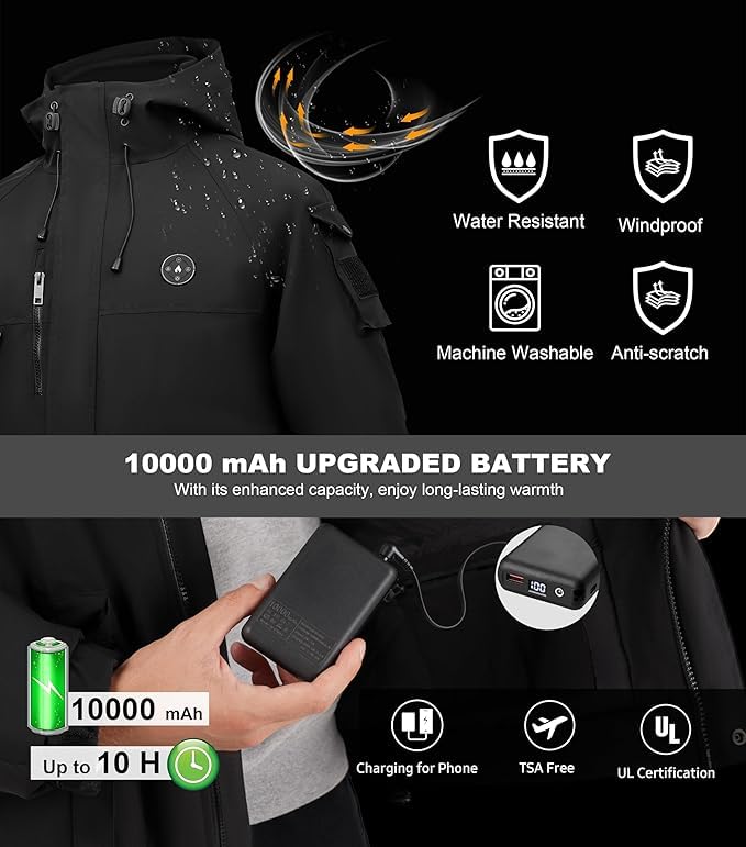 Image of Heated Jacket for Men with 16000mAh Battery Pack 7.4V Heated Coat for Men Waterproof Heated Hoodie Jacket
