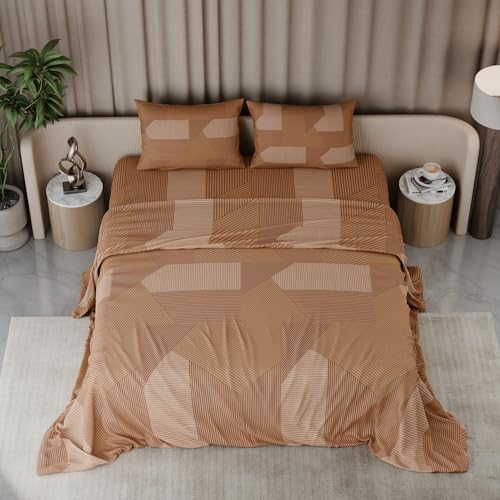 Image of BLISSHOME Everlast 150TC King Size Printed Bedsheet with 2 Pillow Covers for Double Bed, Aesthetic Bedding, Wrinkle Resistant, 100+ Wash Durable, Quick Dry, Geometric Pattern - Gold (228cm x 274cm)