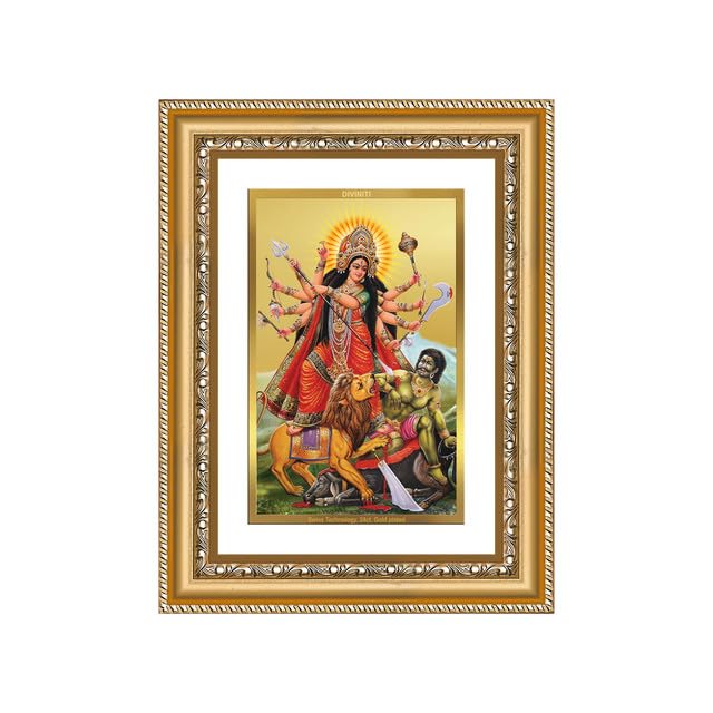 Image of DIVINITI Durga-Mahishasura Mardini 24K Gold Plated Foil Wall and Tabletop Photo Frame for Home Decor, Puja Room, Luxury Gifting | DG Frame 112 S2.5 (26x20 CM)