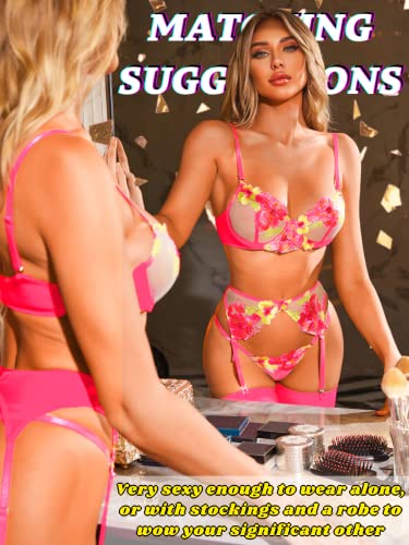 Kaei&Shi Floral Embroidered, Underwire, G-String, Garter Belt, 4 Pieces Lingerie4