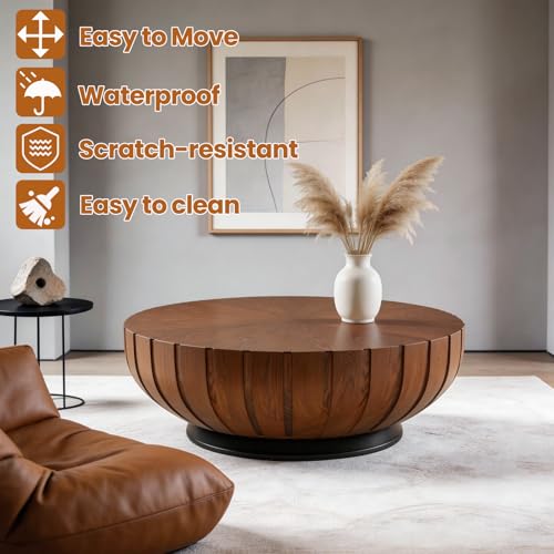 Table basse cannelée en bois massif marron et base solide - 7