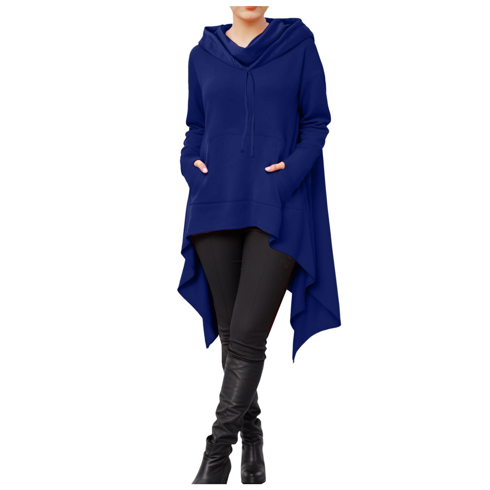 Felpa con Cappuccio Lunga da Donna, Tinta Unita, Orlo Alto e Basso, Stile Gotico, Maniche Lunghe, Tasche Oversize Felpe Invernali Ragazza Felpata