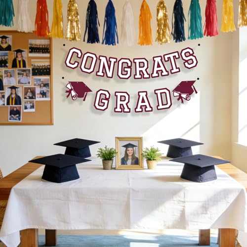 Image of Congrats Grad Banner Graduation Party Banner Decoration Hanging Garland High School College Backdrop Supplies Maroon White