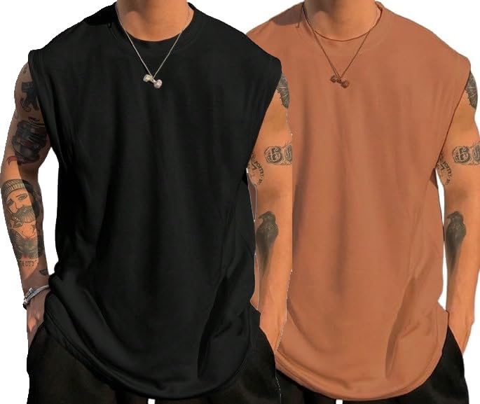 Image of Polycotton Tank Tops for Men - Sleeveless Round Neck T-Shirts | Comfortable Gym & Casual Wear Vest (Pack of 2)