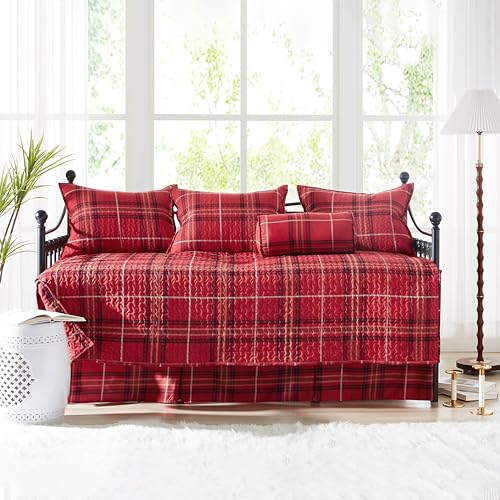 Image of Southshore Fine Living, Inc. Twin Daybed Cover Set, 6-Piece Daybed Comforter Set for Trundle Bed with Quilt, 3 Pillow Shams, Bed Skirt, Throw Pillow, Red Plaid Christmas Bedding