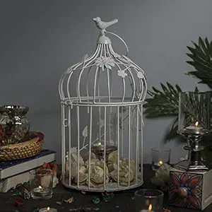 Homesake White Hanging Cage with Floral Vine Large Single, with Hanging Chain,Decorative Tealight Candle Holder