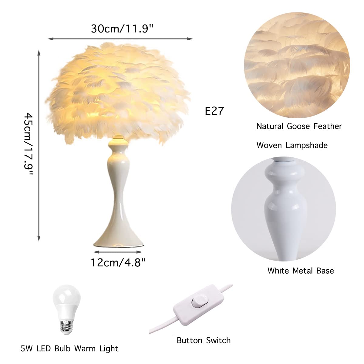 Lampa stołowa z piórami z metalową podstawą - elegancka lampka nocna do dekoracji sypialni i salonu