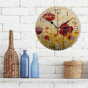 Poppy flowerswall clock battery operated non ticking silent quartz analog rustic farmhouse round clock retro decor for home kitchen living room bathroom  urban country home decor