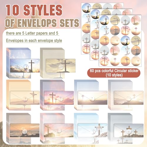 Image of TaoBary 160 Pcs Stationery Paper Set 50 Double Sided Stationery Papers with 50 Matching Envelopes and 60 Round Dot Sticker, 10 Design(Religious Letter with Cross,8.5 x 11 Inch)