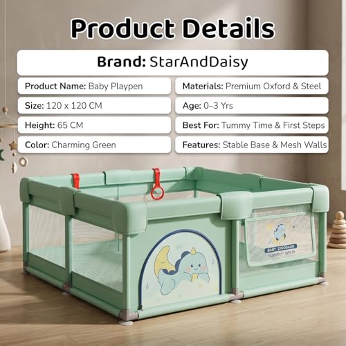 Image of StarAndDaisy Play Pen for Baby for 0-5 Years 120 x 120 cm Baby Play Area Indoor Setup with Safety Lock & Anti-Fall Grasp System | Breathable Play Pen for Kids Indoor - Green