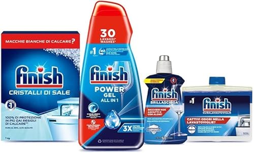 Finish Kit Lavastoviglie; Finish Powergel Detersivo Lavastoviglie Fresh 30 Lavaggi, Brillantante Regular 250Ml, Curalavastoviglie Regular 250Ml, Crist