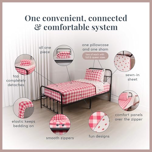 Image of Beddy's Dark Pink Checkered All-in-One Zipper Bedding Set for Kids - Full | Smooth-Glide Zippers, Easy To Make & Wash, Soft Durable Fabric, Strawberry Interior, Includes 2 Pillowcases & 2 Shams