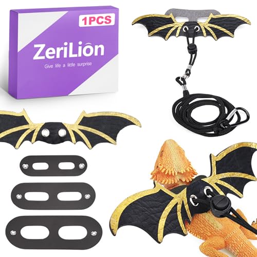 ZeriLion 3-Size Reptile Harness & Leash Set for Bearded Dragons Soft Leather Wing Design (Black) Detachable & Adjustable