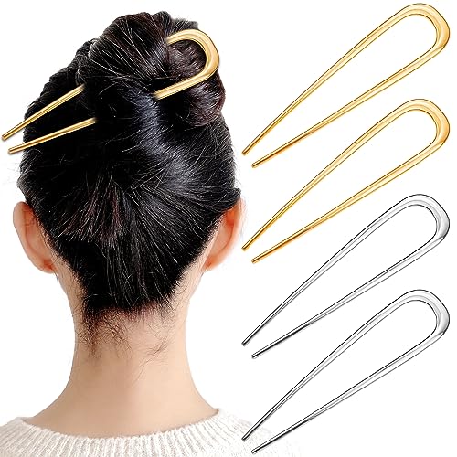 4 Pcs 5.5Inch French Hair Pins Large U-shaped Chignon 2 Prong Bun Hair Sticks Vintage Metal Forks Stick Accessories for Long Thick Hair Women