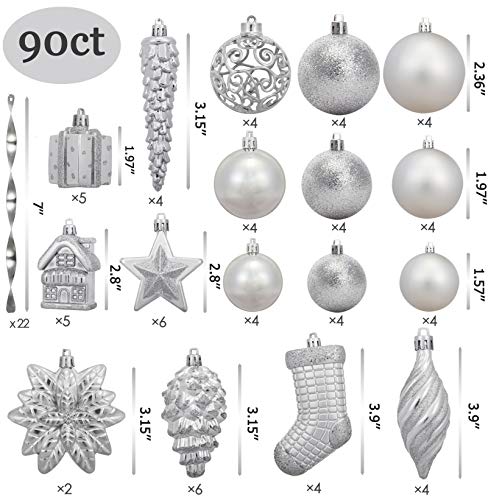 AMS 90ct Christmas Ball Assorted Pendant Shatterproof Ball Ornament Set Seasonal Decorations with Reusable Hand-Help Gift Boxes Ideal for Xmas, Holiday and Part (90ct, Silver) - Thumbnail 2