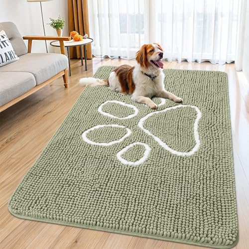 Image of Smiry Dog Door Mat for Muddy Paws, Absorbent Dirt Trapper Non Slip Quick Dry Washable Chenille Mat for Mud Dogs, Entry Rug for Indoor and Outdoor (59x35 Inches, Sage Green and White)