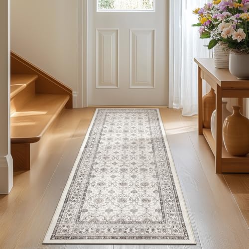 jinchan Floral Runner Rug 2x5 - Machine Washable Beige Vintage Distressed Design Soft Non-Slip Low-Pile Ultra-Thin Runner Rug for Kitchen Hallway Laun