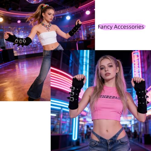 Zaxomum Y2K Punk Buckle Fingerless Arm Sleeves – Gothic Metal Buckle Arm Warmers, Grunge Emo Cosplay Party Accessories