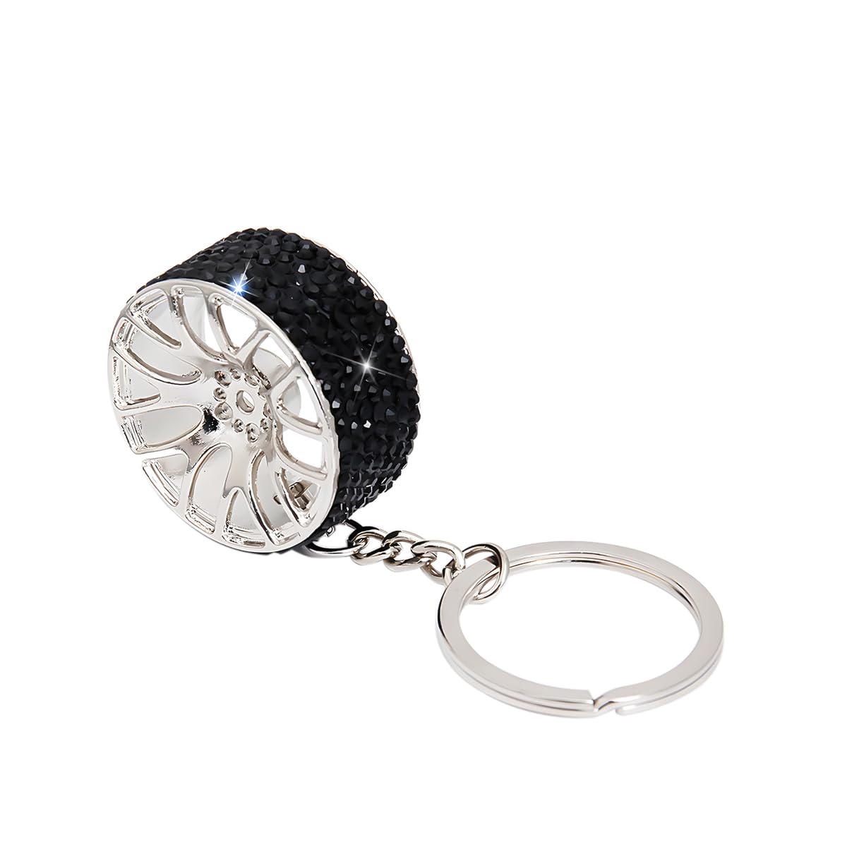 Bling Car Tire Wheel Keychain, Mini Reinestone Crystal Wheel Rim Keyring Keyfob for Women Men, Universal Fit（Black）