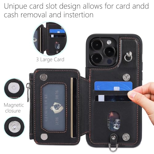 Wallet Case for iPhone 15 Pro Max/15 Plus/15 Pro/15, RFID Blocking Card Case with Wrist Strap, Zipper Leather Handbag (Color : Black, Size : 15Plus)2