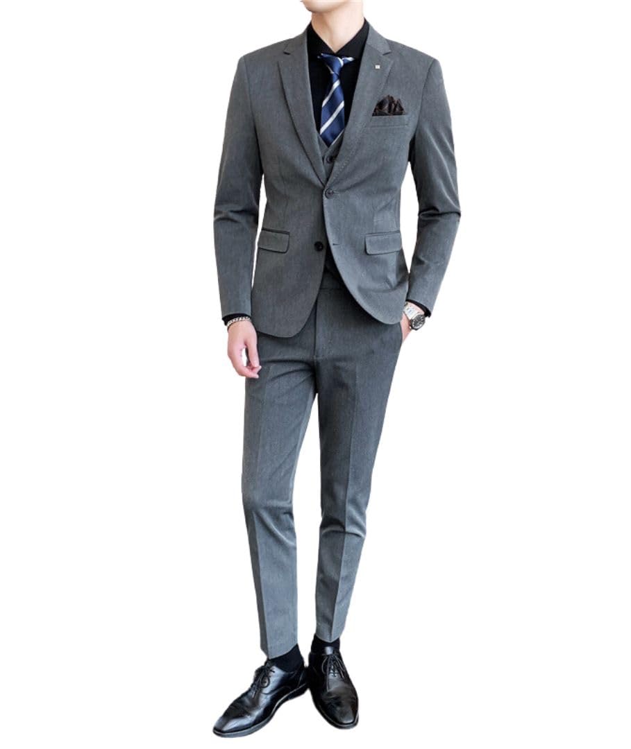 L'MONTE Imported 3 Piece Suit Blazer for Men Formal Slim Fit Two Button Closure Coat Vest & Pant Set for Business and Wedding Party (44, Grey)