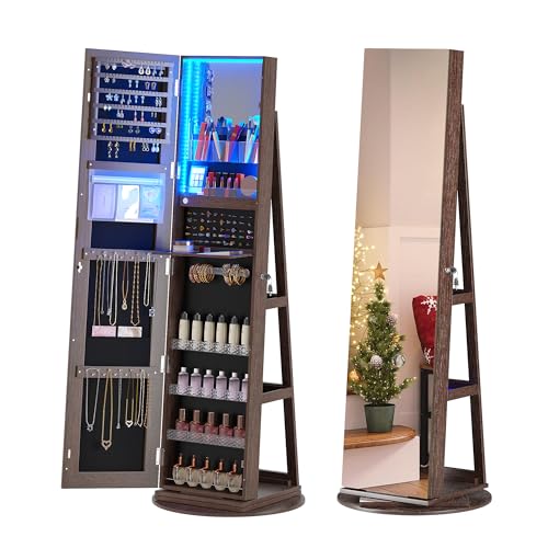 HNEBC LED Light Jewelry Organizer Mirror 360° Rotating, Jewelry Armoire with Door Mirror, Full Length Mirror Jewelry Cabinet, Mirror with Jewelry Storage, Large Jewelry Boxes & Organizers（B_