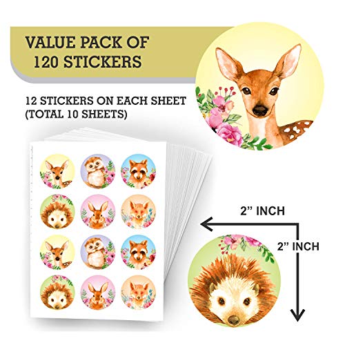 Woodland Animals Stickers Seals Labels - (Pack of 120) 2\" Large Round Forest Jungle Safari Creatures for Baby Shower Favors Decorations Cards Gift Envelopes Boxes