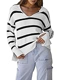 SHEWIN White Sweaters for Women Trendy Navy Collar Balloon Sleeve Knitted Striped Sweater Ladies Tops Fall Outfits for Women White X-Large