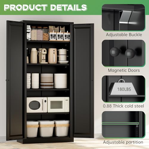 Image of INTERGREAT Metal Storage Cabinet with Magnetic Doors, 63 inch H Traditional European Style Metal Cabinets with 2 Doors and 4 Adjustable Shelves for Home Office, Kitchen, Bathroom (Black)