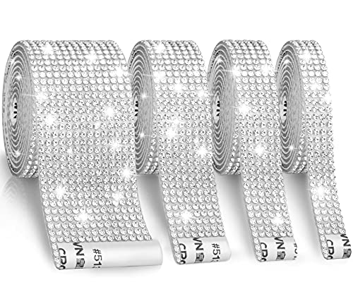 Honsny 4 Rolls Self Adhesive Crystal Rhinestone Diamond Ribbon for Crafts Decoration Wrap Trim Stickers Rhinestones Tapes for Shoes Clothes, Cakes, Phone, Wedding Bling Decors DIY Crafts (Silver)