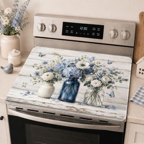 Image of Blue White Floral Stove Top Cover,28x20 Inch,Rubber Glass Cooktop Protector