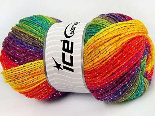 (1) 100 gram Magic Glitz Rainbow with Silver Metallic Accent, Self-Striping Acrylic DK Weight Yarn