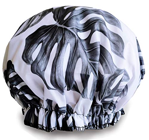 Large Reusable Shower Caps Women Waterproof Double Layer Bath Cap Hair Cover Shower Bonnet Hats Bath Accessories for Spa Makeup Salon Home Use (XL Leaf grey)
