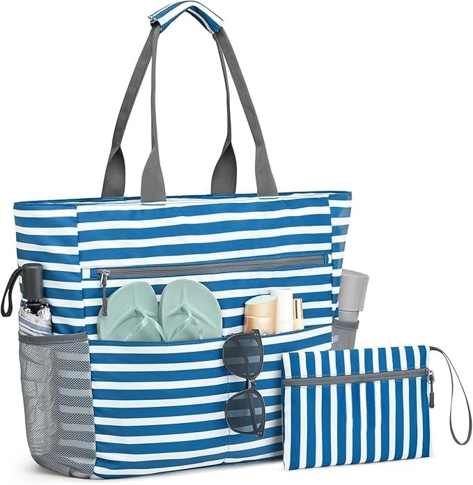 hirta Gab Tote Bag for Women Office Work Multipurpose Shoulder Bag with Pouch Zipper Pocket Teacher Travel Grocery Beach Hobo Bag Waterproof Sandproof Lightweight Pool Bag (White Blue)-picture-55