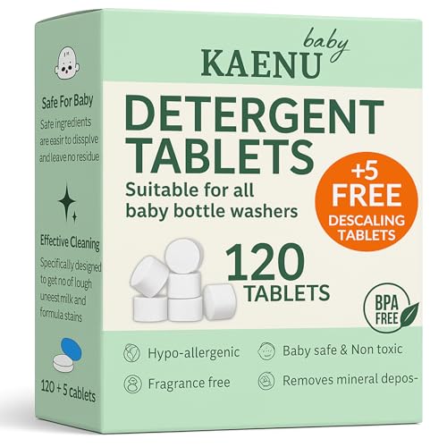 120PCS Bottle Washer Detergent Tablets – Compatible with All Brands, Baby Brezza, Momcozy, Papablic, Grownsy – Baby-Safe Cleaning Formula, Residue-Free + Includes 5 Free Descaling Tablets